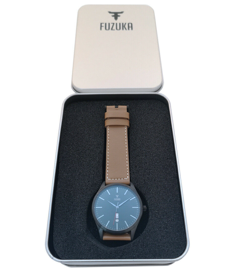 Fuzuka Brushed Black Gun Metal Tan Leather Japanese Ladies Youth Unisex Watch - Click Image to Close