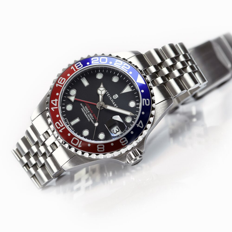 Steinhart Ocean GMT.2 Diver Watch 39mm 30ATM Blue-Red Pepsi/Stainless Steel Jubilee Auto Swiss Made 103-0921 - Click Image to Close