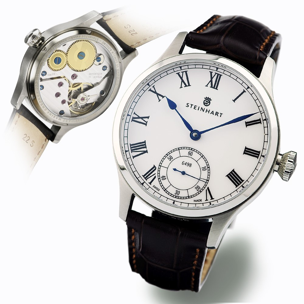 Steinhart 105-0307 Marine Chronometer Swiss ETA 44mm Roman White Blue Hands Watch