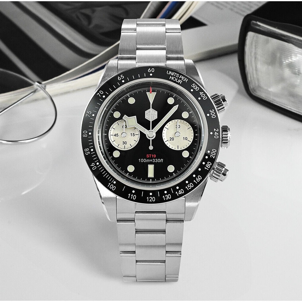 San Martin Black Panda BB 40mm Chronograph Retro Vintage Chrono Watch SN052-G