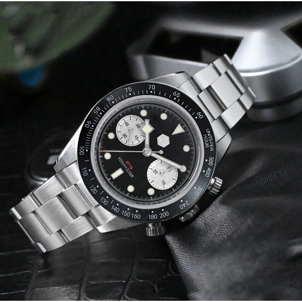 San Martin Black Panda BB 40mm Chronograph Retro Vintage Chrono Watch SN052-G