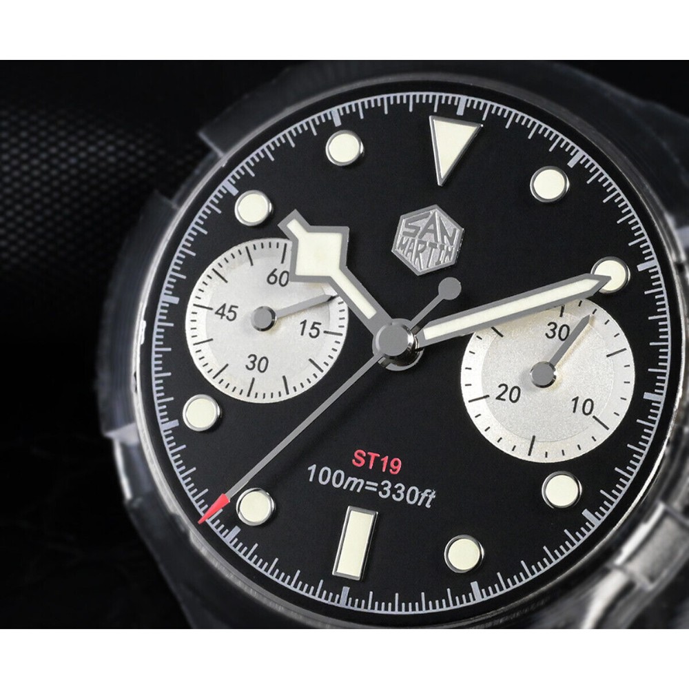 San Martin Black Panda BB 40mm Chronograph Retro Vintage Chrono Watch SN052-G - Click Image to Close