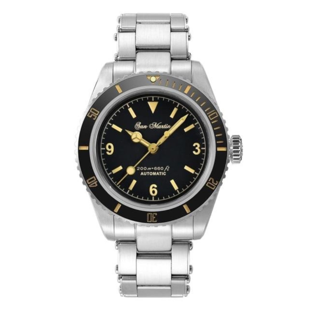 San Martin SN004-G-V2 38mm Vintage Automatic Mens Diver Watch Black Dial