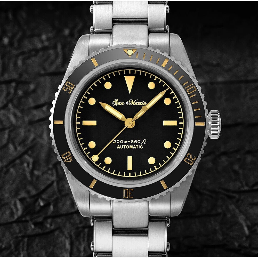 San Martin SN004-G-V2 38mm Vintage Automatic Mens Diver Watch Black Dial